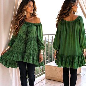 Boho XL Peasant Green Lagenlook Tunic Embroidered Tiered Ruffle Hem Festival